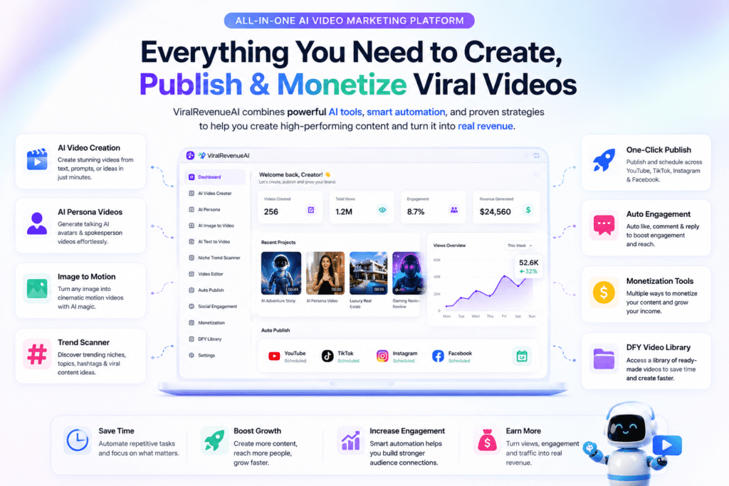 ViralRevenueAI features overview banner showcasing AI text-to-video generation, AI persona videos, image-to-motion technology, trend scanner, auto publishing, video editing, monetization tools, and multi-platform social media automation from one dashboard.