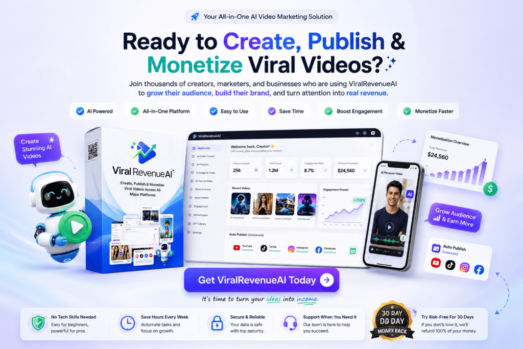 ViralRevenueAI final call-to-action banner showcasing AI video creation, social media automation, audience growth, monetization tools, and dashboard features designed to help creators and businesses turn content into revenue.