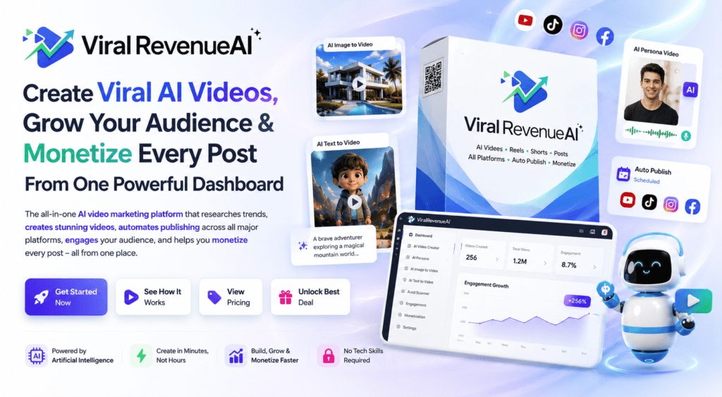ViralRevenueAI dashboard showcasing AI video creation, AI persona videos, image-to-video generation, social media automation, and monetization tools for YouTube, TikTok, Instagram, and Facebook.