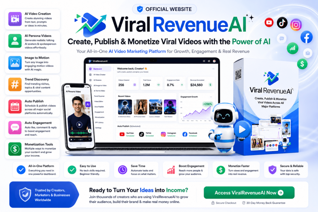 ViralRevenueAI official website banner featuring the AI video marketing dashboard, AI persona videos, image-to-motion creation, trend discovery, social media automation, and monetization tools for creators, marketers, and businesses.